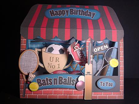 3D Bats N Balls Sports Shop Window Pop Up Card by Cynthia Massey