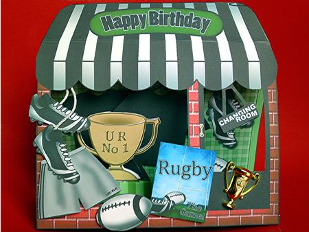 3D the Little Rugby Shop Window Pop Up Card Decoupage by Cynthia Massey