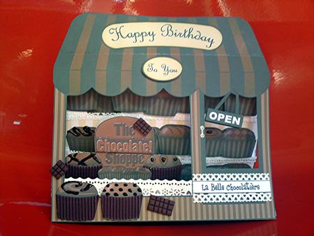 3D La Belle Chocolatiere Shop Window Pop Up Card by Cynthia Massey