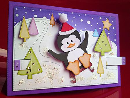 3D Sledging Penguin Animated Moveable Decoupage Card Kit by Cynthia Massey