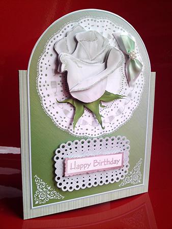Cream Rose on Lace Rounded Card Front by Cynthia Massey