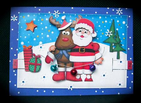 3D Xmas Santa N Rudolph Animated Moveable Decoupage Card Kit by Cynthia Massey