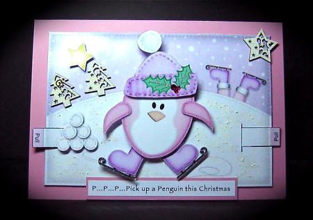 3D Xmas Skating Penguin Animated Moveable Decoupage Card Kit by Cynthia Massey