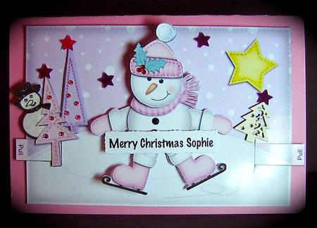 3D Xmas Skating Snowman Animated Moveable Decoupage Card by Cynthia Massey