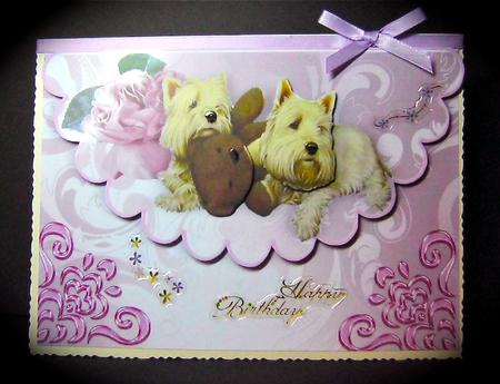 Cute Westies with Pink Rose on Scalloped Envelope by Cynthia Massey