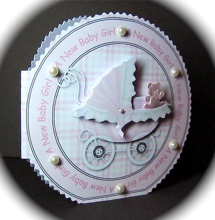 Baby Buggy "a New Baby Girl" Wordaround Card with Decoupage by Cynthia Massey