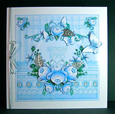 Blue Peonies on a Fabric Background 8in x 8in Decoupage by Cynthia Massey