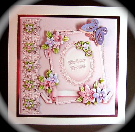 Birthday Pink and Lilac Paper Flowers 8in x 8in Decoupage by Cynthia Massey