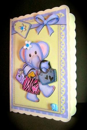 A5 Lola Elephant Goes Shopping Quick Card N 3D Decoupage by Cynthia Massey