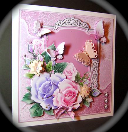 Roses and Butterflies on a Pink Panel - 8in x 8in Decoupage by Cynthia Massey