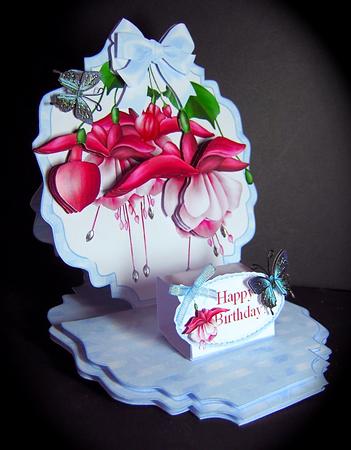 Pink Fuschias 3D Shaped Decoupage Easel Card & Envelope by Cynthia Massey