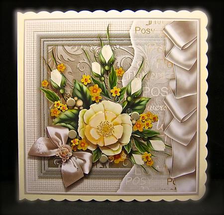 Cream Flowers with a Ribbon Border - 8in x 8in Decoupage by Cynthia Massey