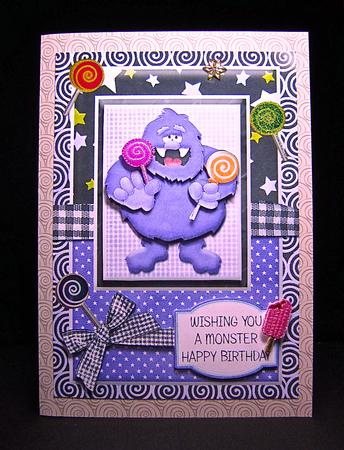 Purple Monster Birthday Card Front with Decoupage by Cynthia Massey