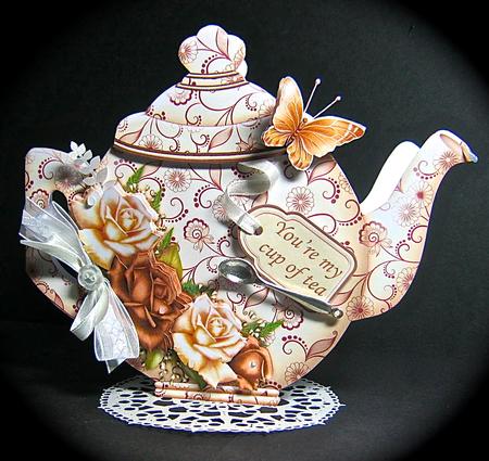Teapot Shape Card Coffee Cream Roses & Decoupage Card Kit by Cynthia Massey