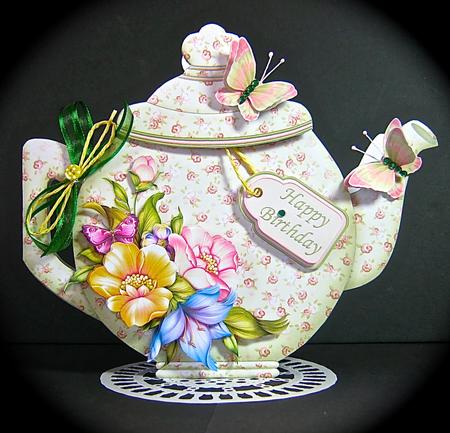 Teapot Shape Card Green & Peach Floral & Decoupage Card Kit by Cynthia Massey