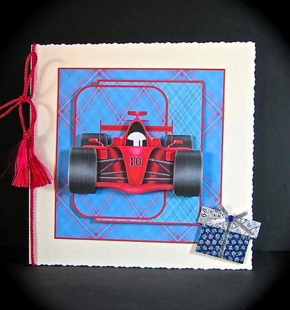 Red Racing Car Card Front with a Topper and Sentiment Tags by Cynthia Massey
