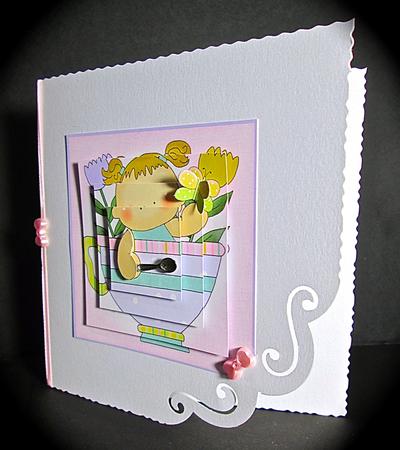 Teacup Girl with Butterflies & Flowers 4x4 Quick Card by Cynthia Massey