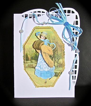 Blue Vintage Christmas Girl Panel Decoupage Card by Cynthia Massey
