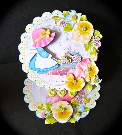 Little Flower Lady Scalloped Round Easel Card by Cynthia Massey