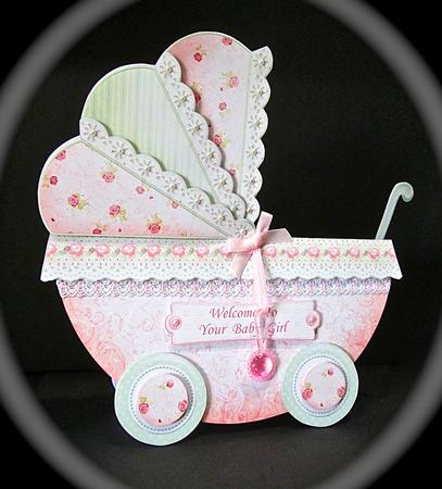 New Baby Girl Pink Pram Shape Card 3 Sheet Mini Kit by Cynthia Massey