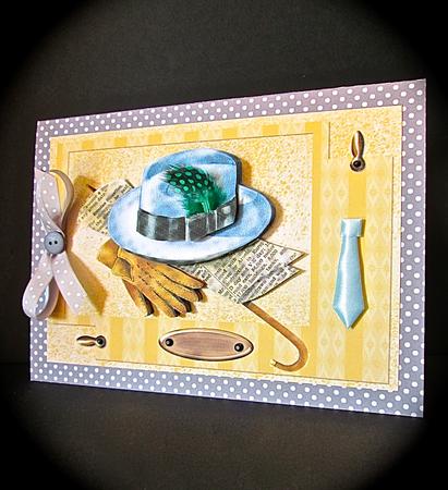 Vintage Mans Hat and Gloves Card Front and Decoupage by Cynthia Massey