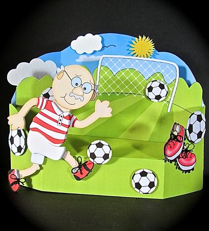 3D Old Man Bert Plays Football Rubber Band Pop Up Scene Card by Cynthia Massey