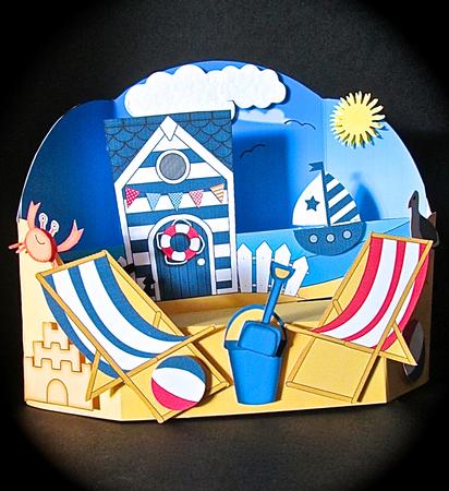 3D Beach Hut Holiday Rubber Band Pop Up Scene Card by Cynthia Massey