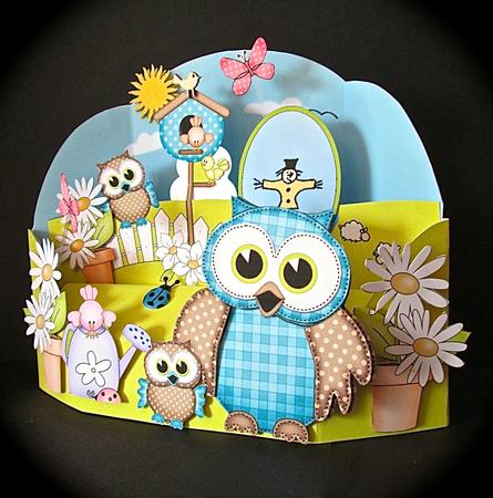 3D Owls Rubber Band Pop Up Scene Card by Cynthia Massey