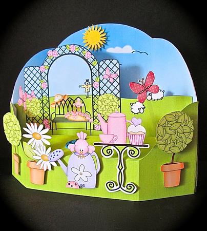 3D Garden Gazebo & Bench Rubber Band Pop Up Scene Card by Cynthia Massey