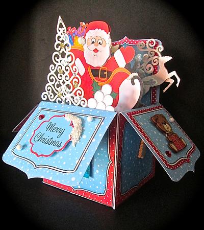 3D Xmas Santa's Sleigh Rubber Band Pop Up Box Card by Cynthia Massey