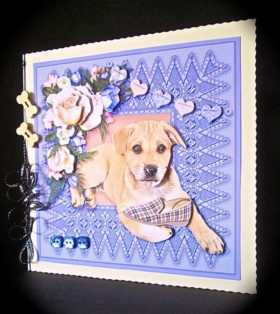 Golden Puppy with Peach Roses 8in x 8in Decoupage by Cynthia Massey