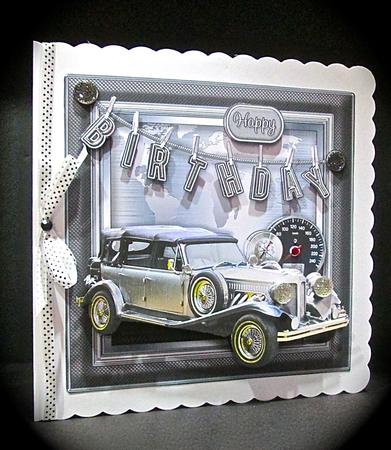Silver Vintage Car with Birthday Bunting Decoupage by Cynthia Massey