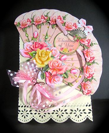 Pink Roses Vintage Fan Shaped Card Plus Stand and Gift Card by Cynthia Massey