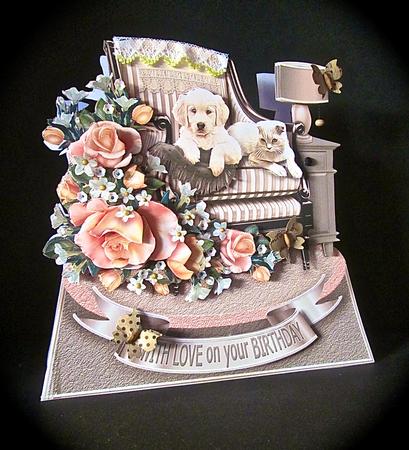 Shaped Triangular Base Puppy & Cat on a Striped Armchair Kit by Cynthia Massey
