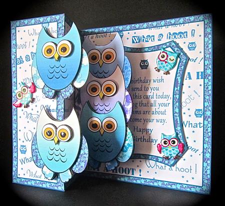 Fold Back Pop-up Blue Owls by Cynthia Massey