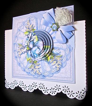Blue Roses with Broiderie Anglaise Doily 6in x 6in Pyramage by Cynthia Massey
