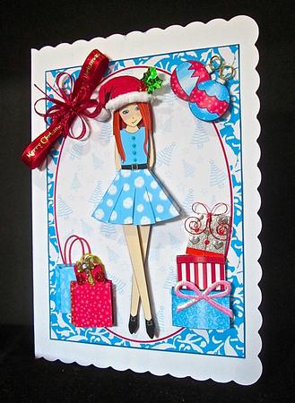 Christmas Shopping Boxes and Bags Red Head in Blue Decoupage by Cynthia Massey