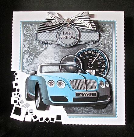 Blue Sports Car on a Scroll Background 8x8 Decoupage Minikit by Cynthia Massey