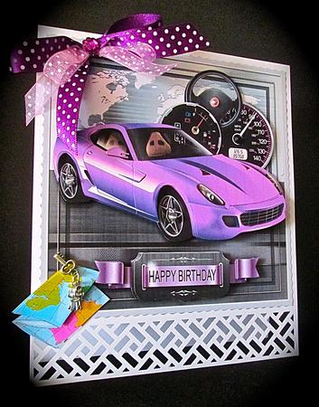 Purple Sports Car on a Silver World Map 8in x 8in Decoupage by Cynthia Massey