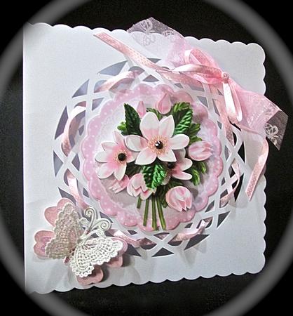 Pink Floral Bouquet on Scalloped Card Front by Cynthia Massey