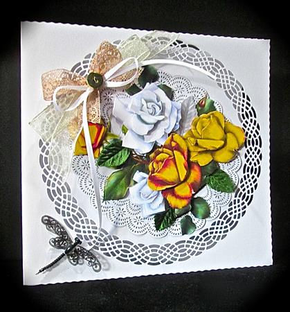 Pretty Gold/white Roses on Lace Doilie with Butterflies by Cynthia Massey