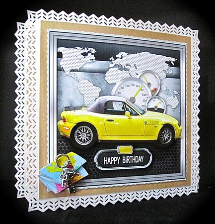 Yellow Sports Car with World Map 8inx8in Decoupage Mini Kit by Cynthia Massey