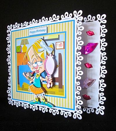 Girl Trying Out Lipstick 7x7 Card with Decoupage by Cynthia Massey