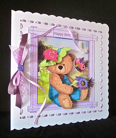 Teddy Likes Flowers 7.5 X7.5 Card with Decoupage by Cynthia Massey