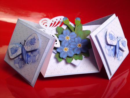 Blue Flowers and Butterflies Double Diamond Fold Card by Cynthia Massey