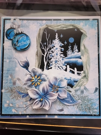 Winter Flowers and Snow Scene at Night on Blue 8x8inch by D A Boscoe