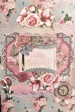 A4 Paper Shabby Chic Pink and White Roses and Swirls on a Sky Blue Background by Darlene Handorff