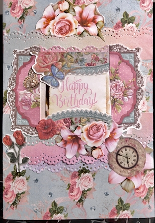 A4 Paper Shabby Chic Pink and White Roses and Swirls on a Sky Blue Background by Darlene Handorff