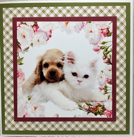 cute puppy and kitten with pink & white peonies 8x8 by Darlene Handorff