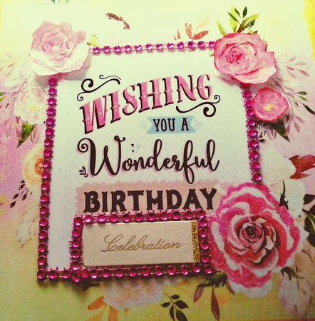 birthday wishes for you, adorned with pink roses 8x8 by Darlene Handorff